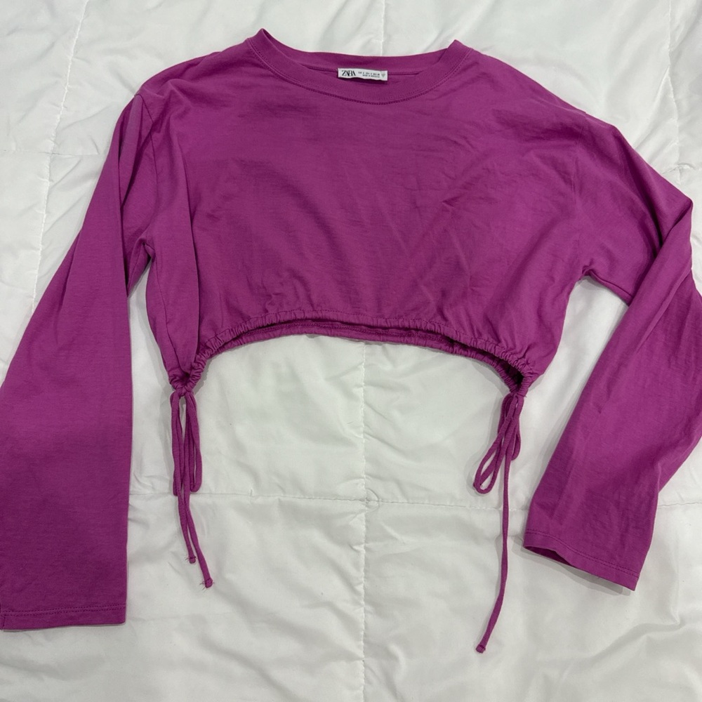 Zara Fuchsia Drawstring Cropped Long-Sleeve Top